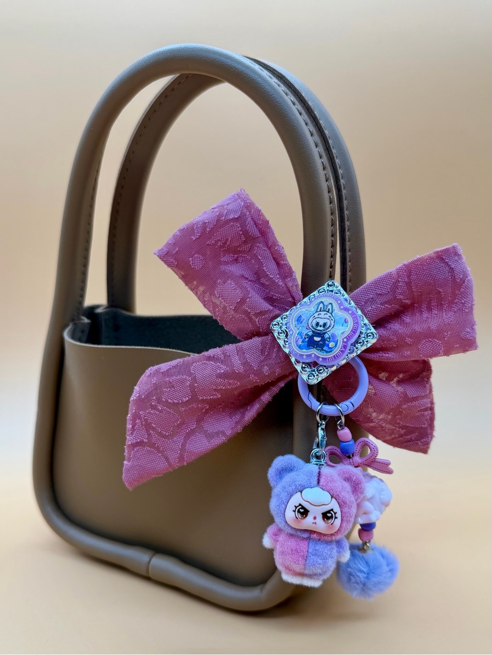 Kids Cute Plush Charm Keychain - Pink & Purple Bow Accent